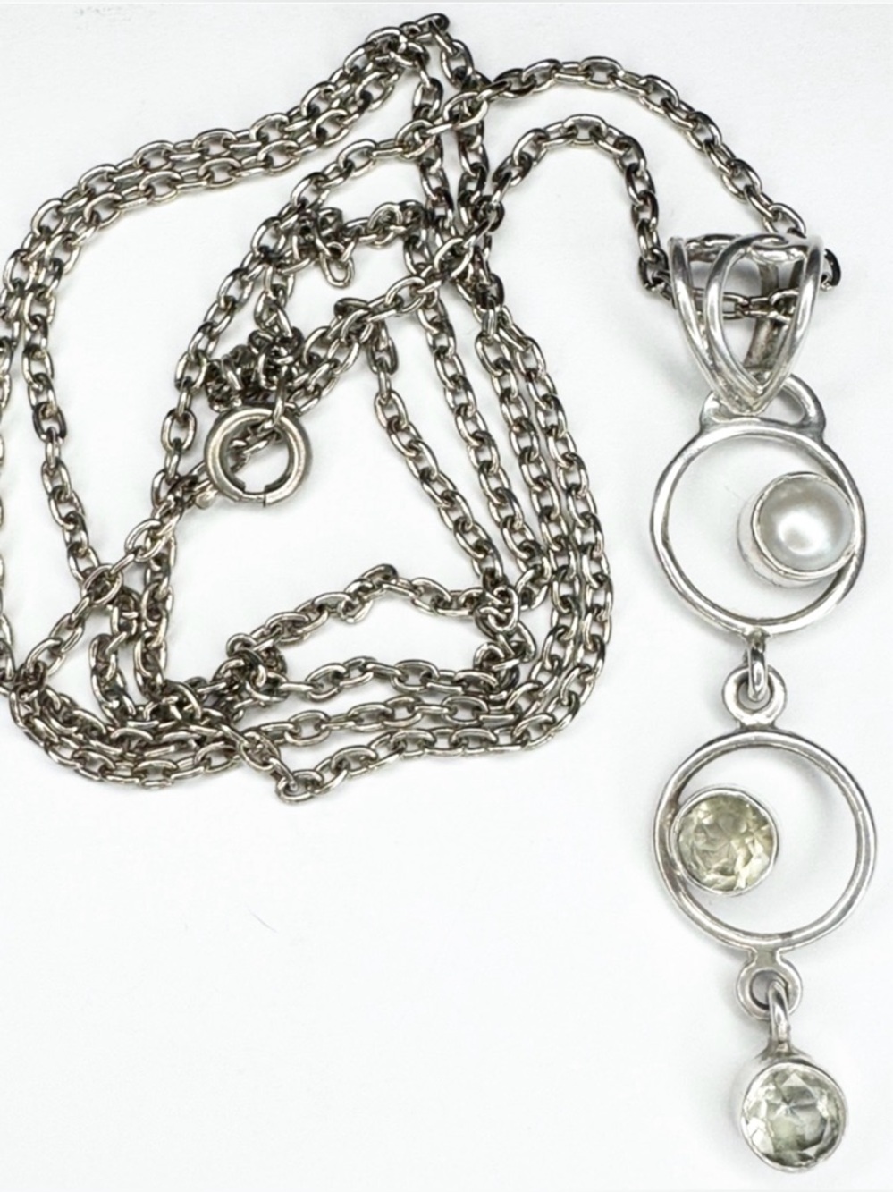 Sterling Silver Citrine & Pearl Ladder Pendant & Silver Chain